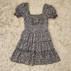 Black Floral Midi Dress with Puff Sleeves